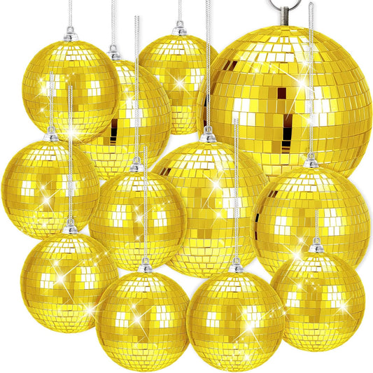 WILLBOND 12 Pack Disco Ball Mirror Ball with Hanging Ring for Fun Retro Disco Party Decorations Party Dj Lighting Effect Stage Props Game Accessories, 5.91", 3.94", 3.15", 2.36"(Gold)