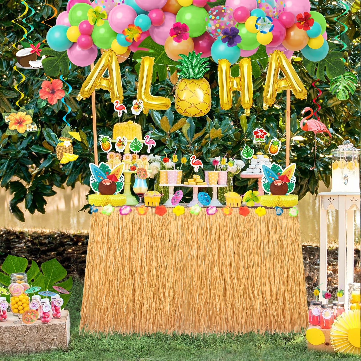 153Pcs Hawaiian Aloha Luau Party Decorations, Tropical Summer Beach Birthday Supplies Grass Table