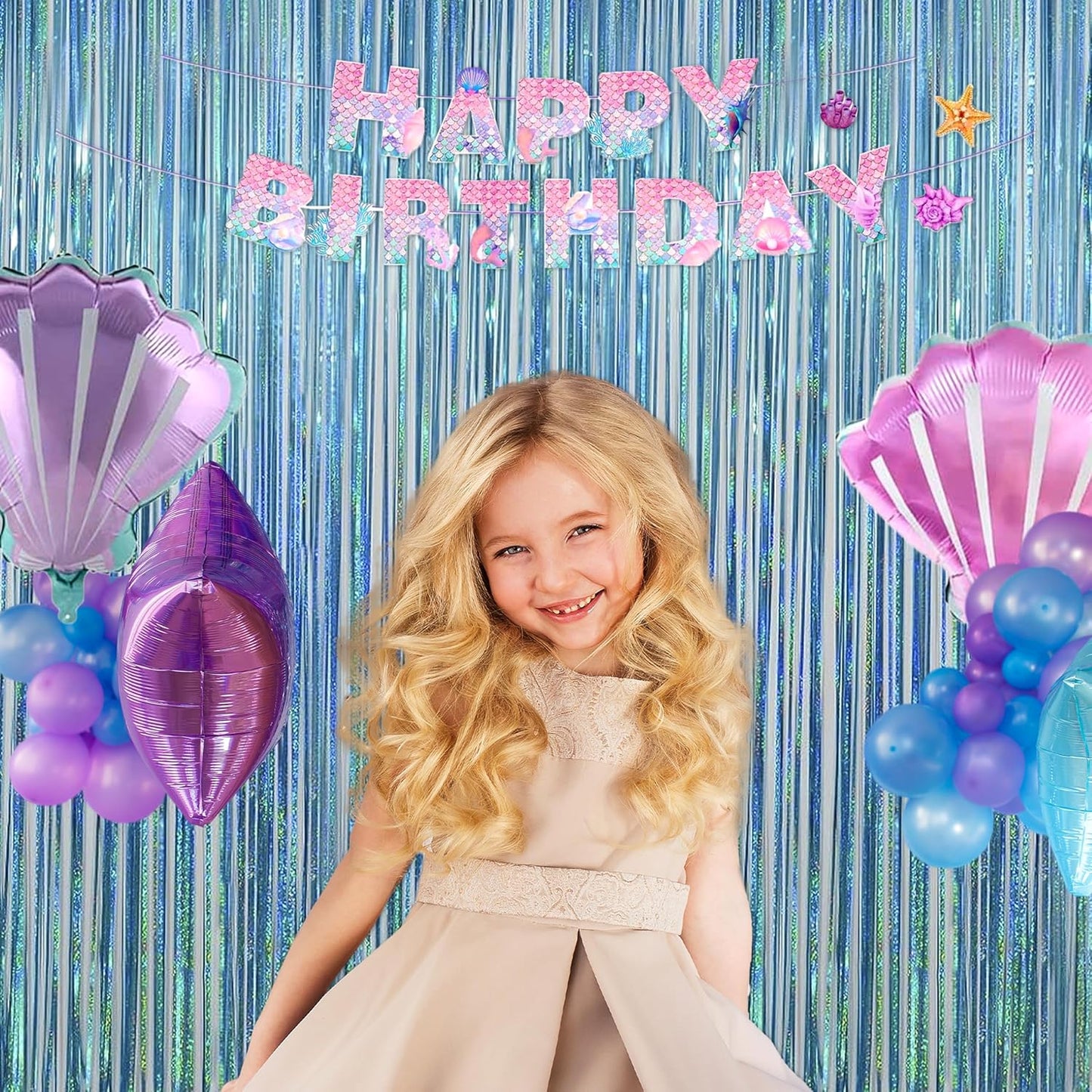 Melsan 2 Pack 3.2 ft x 8.2 ft Tinsel Foil Fringe Curtains Backdrop, Sparkle Metallic Foil Curtains for Party Photo Booth Props Baby Shower Memaid Decoration, Light Blue