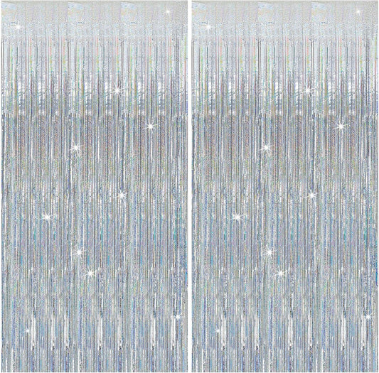 2 Pack Silver Glitter Backdrop Party Decorations Tinsel Streamers Foil Fringe Curtains Shimmer Wall Backdrop Christmas Birthday Bachelorette Party Wedding Decor Supplies