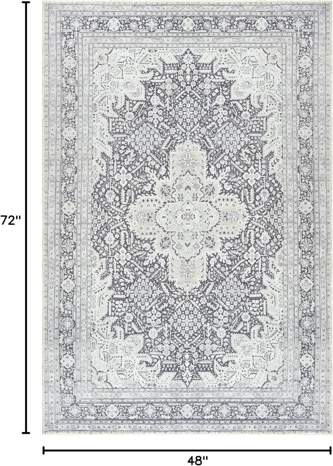 Bloom Rugs Washable Non-Slip 4' x 6' Rug - Charcoal Blue Traditional Medallion Area Rug for Living Room, Bedroom, Dining Room, and Kitchen - Exact Size: 4' x 6'