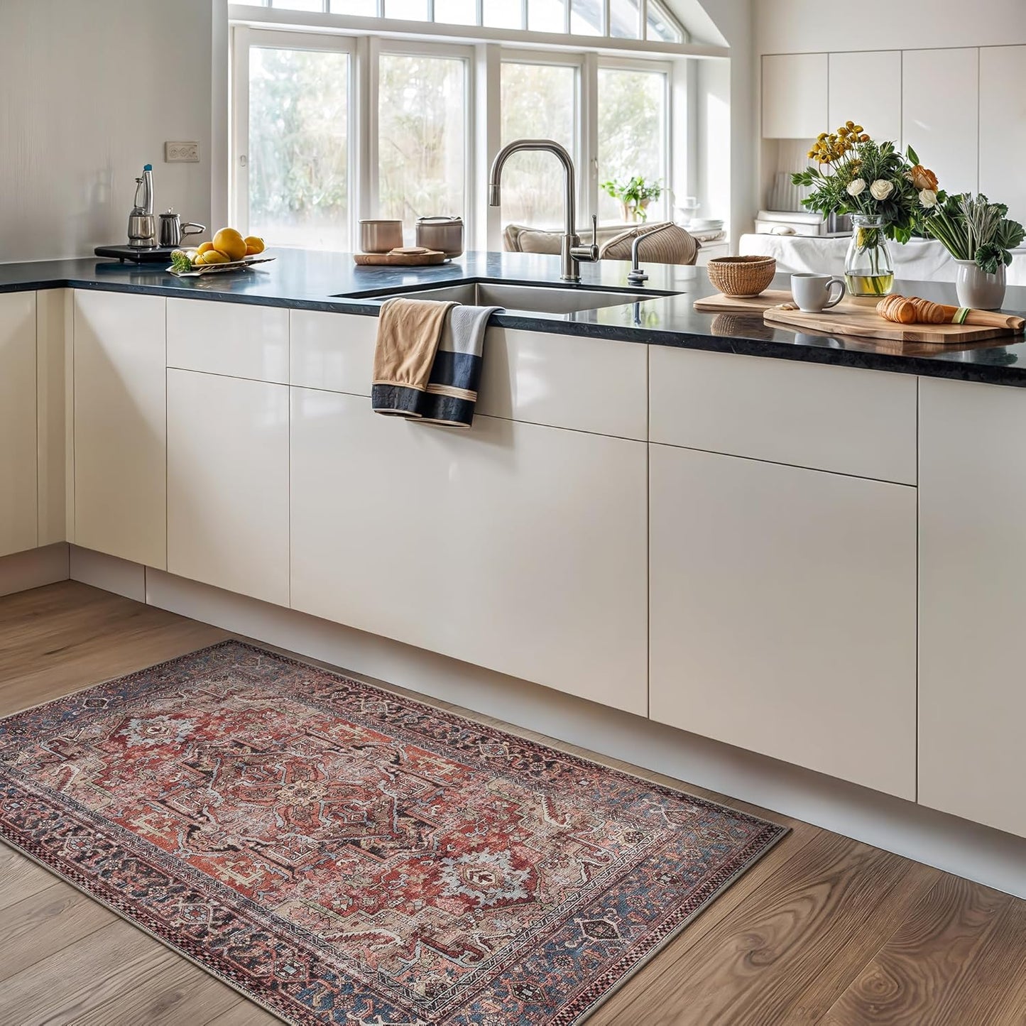 Bloom Rugs Washable Non-Slip 3' x 5' Rug - Terracotta/Blue Traditional Medallion Area Rug for Living Room, Bedroom, Dining Room, and Kitchen - Exact Size: 3' x 5'