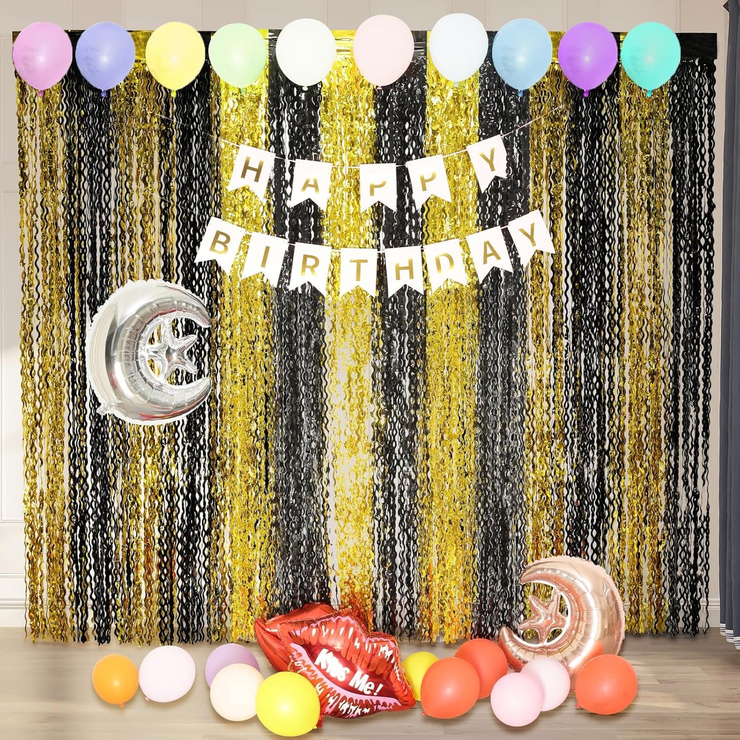 4 Pack Black and Gold Wavy Foil Fringe Curtains Pirthday Decorations,3.3 ft x 6.6 ft Metallic Foil Curtains Streamers for Party Photo Booth Props Background Decoration