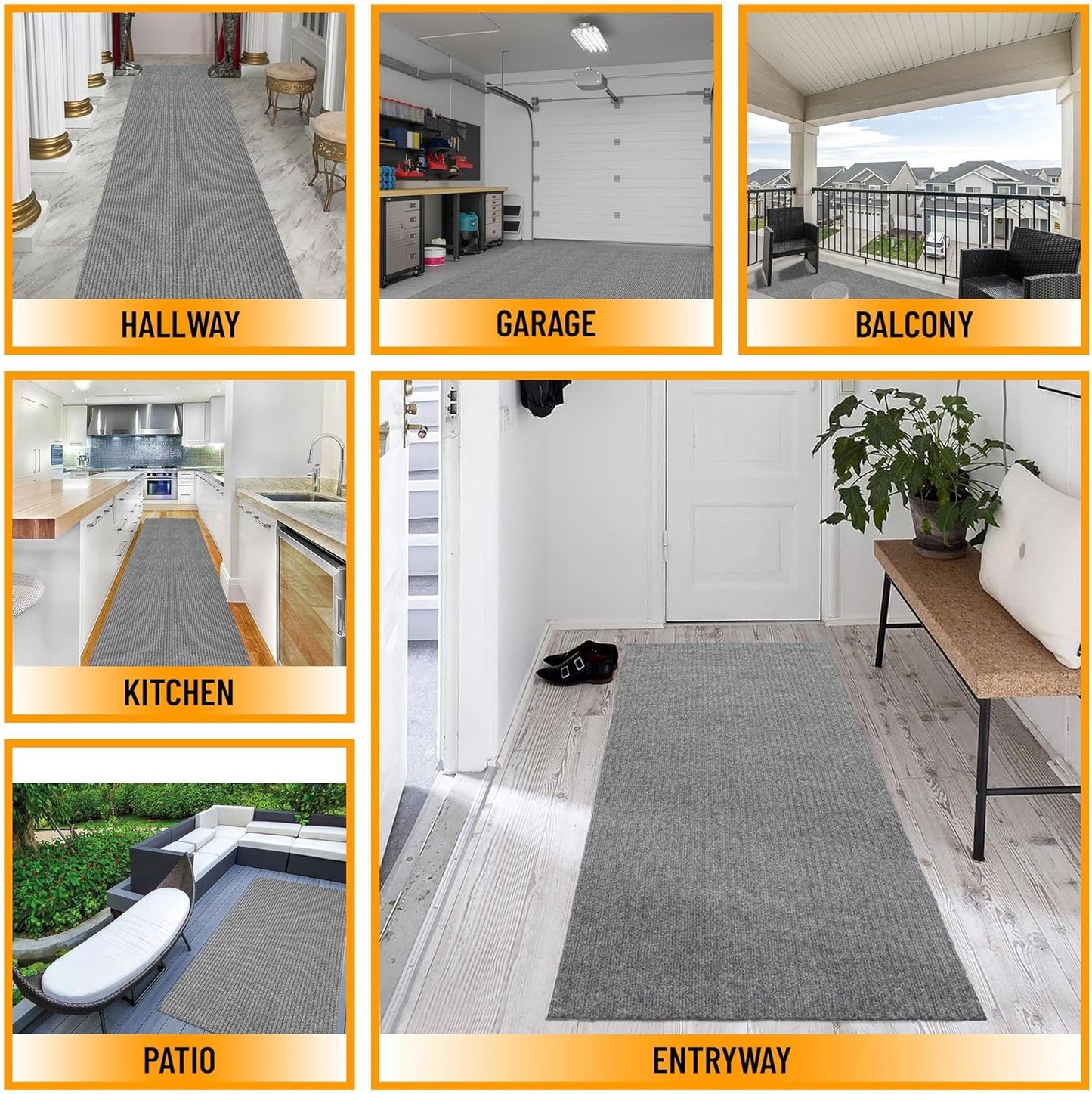 Ottomanson 2' x 10' Hallway Runner with Scraper Pile Extra Durable Non-Slip Rug Mat for Indoor & Outdoor Use - Ideal for Kitchen, Entryway, Patio & Garage - High-Traffic Carpet, Gray