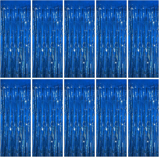 Tinsel Curtain Party Backdrop Blue Birthday Decorations 10 Packs Glitter Foil Fringe Curtain Party Decor Streamers Photo Booth for Birthday Christmas Wedding Halloween Graduation Decorations