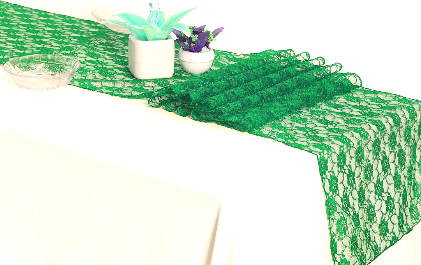 MDS Pack of 10 Wedding 12 x 108 inches Lace Table Runner for Wedding, Decorations for Birthday Parties, Banquets, Graduations, Engagements, and Runners fit Rectangle, Round Table- Green