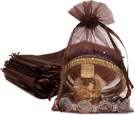 TheDisplayGuys 100-Pack 4x6 Brown Sheer Organza Gift Bags with Drawstring, Jewelry Candy Treat Wedding Party Favors Mesh Pouch