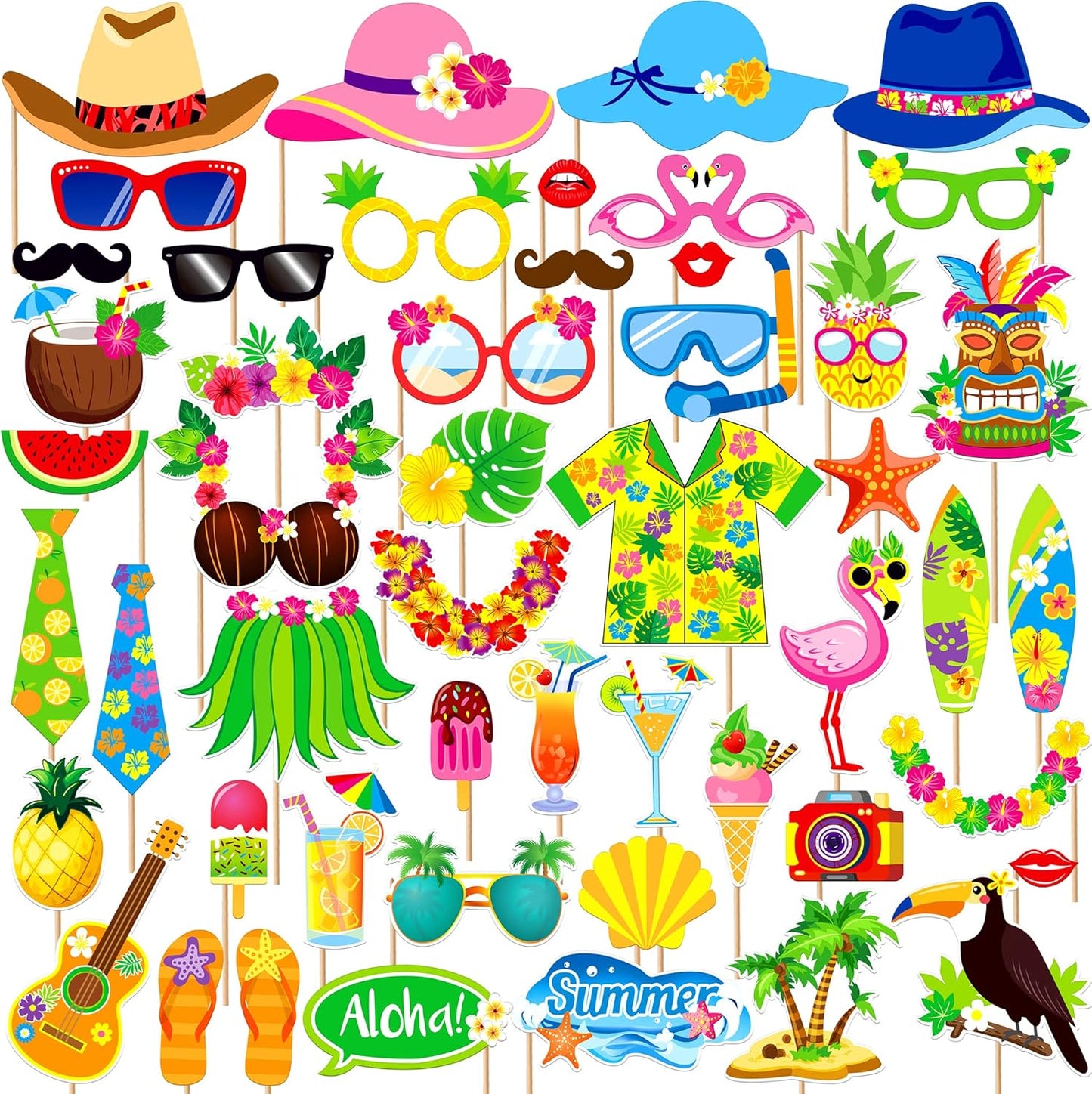 KatchOn, Tropical Hawaiian Photo Booth Props - Pack of 50, Luau Party Decorations | Luau Photo Booth Props for Hawaiian Party Decorations | Luau Photo Props, Aloha Party Decoration, Summer Party Décor