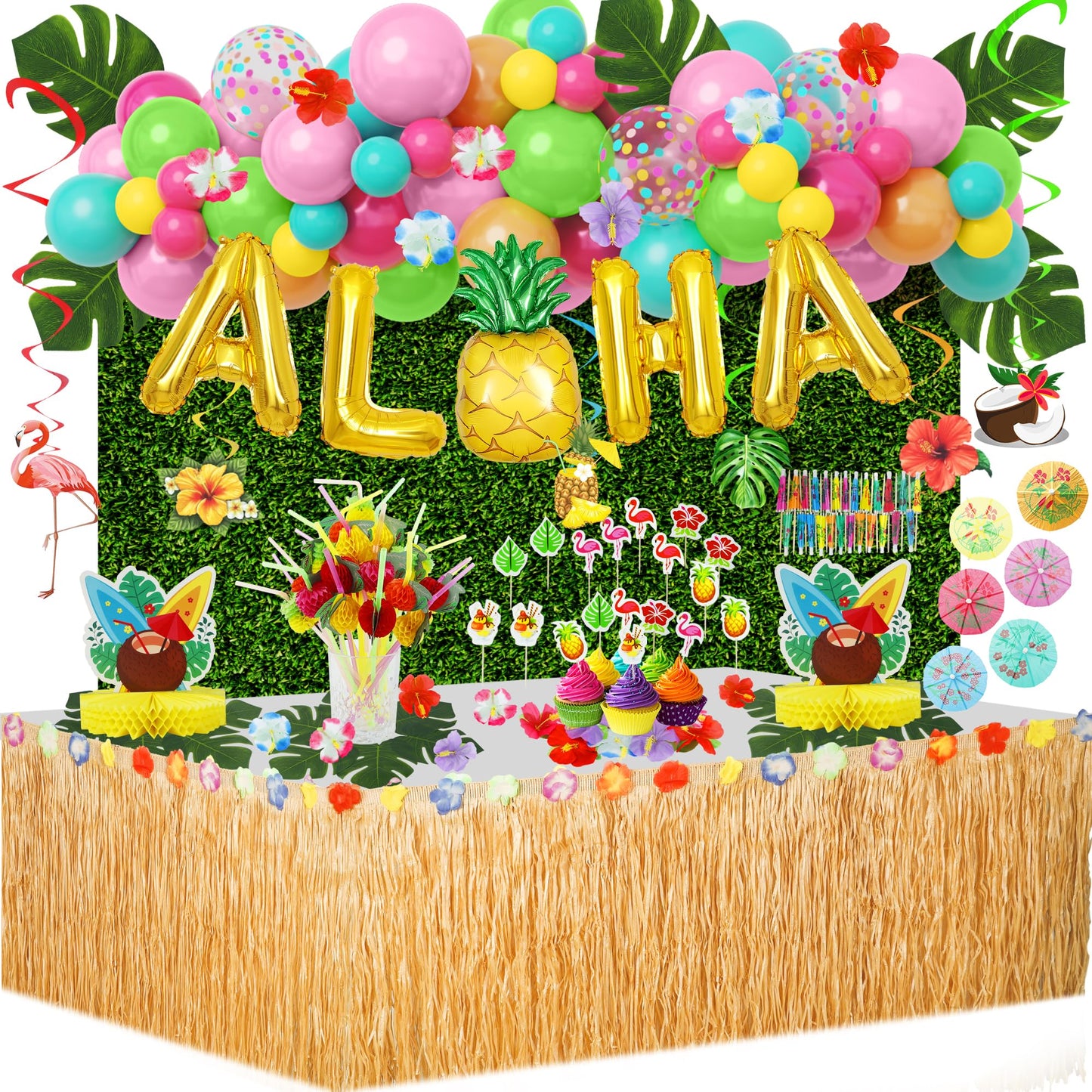 153Pcs Hawaiian Aloha Luau Party Decorations, Tropical Summer Beach Birthday Supplies Grass Table