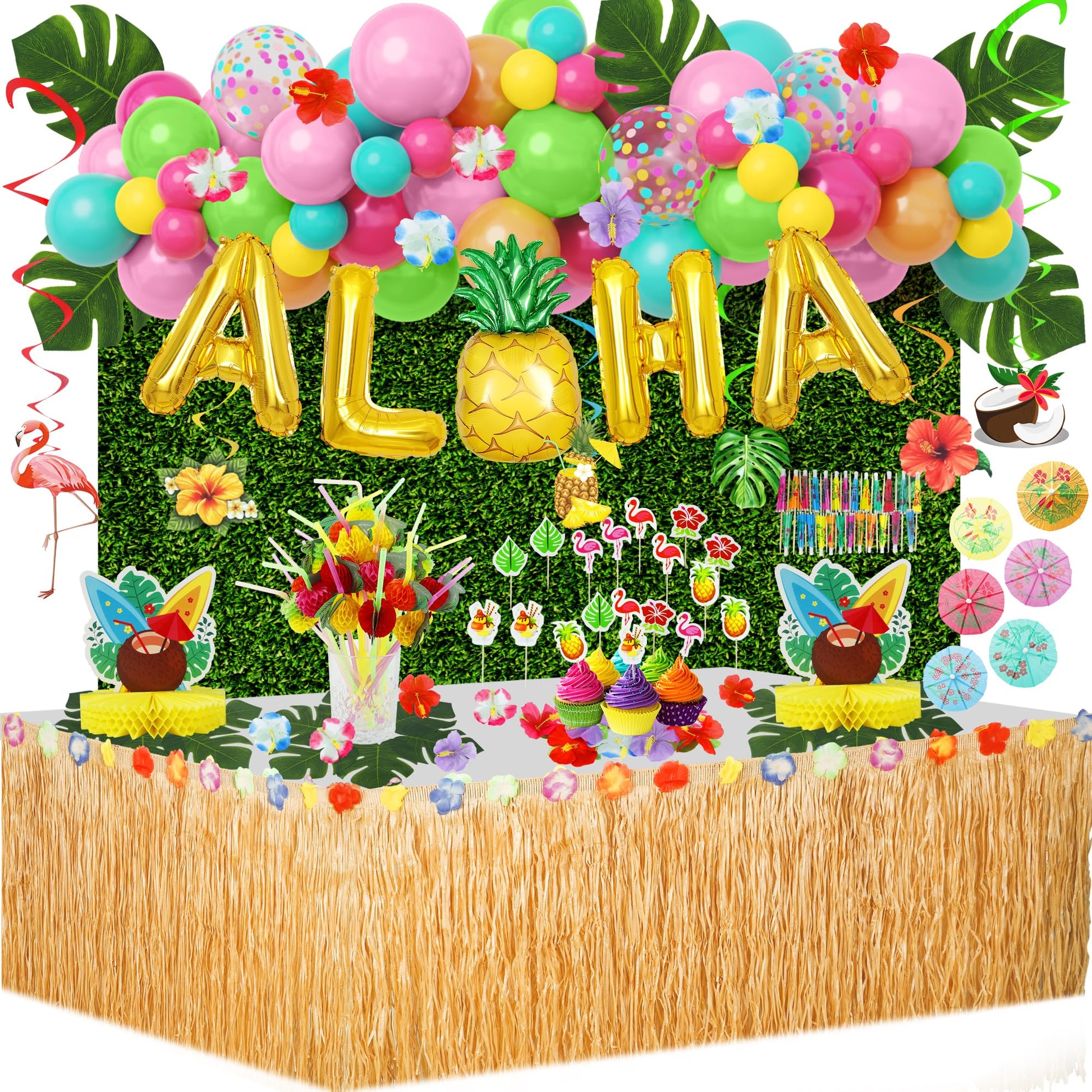 153Pcs Hawaiian Aloha Luau Party Decorations, Tropical Summer Beach Birthday Supplies Grass Table
