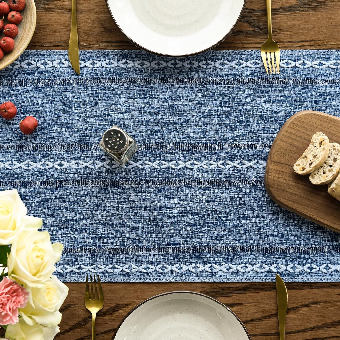 Artoid Mode Blue Rustic Cotton Linen Table Runner, Seasonal Embroidered Hollow Kitchen Dining Table Decoration for Home Party Decor 13x108 Inch