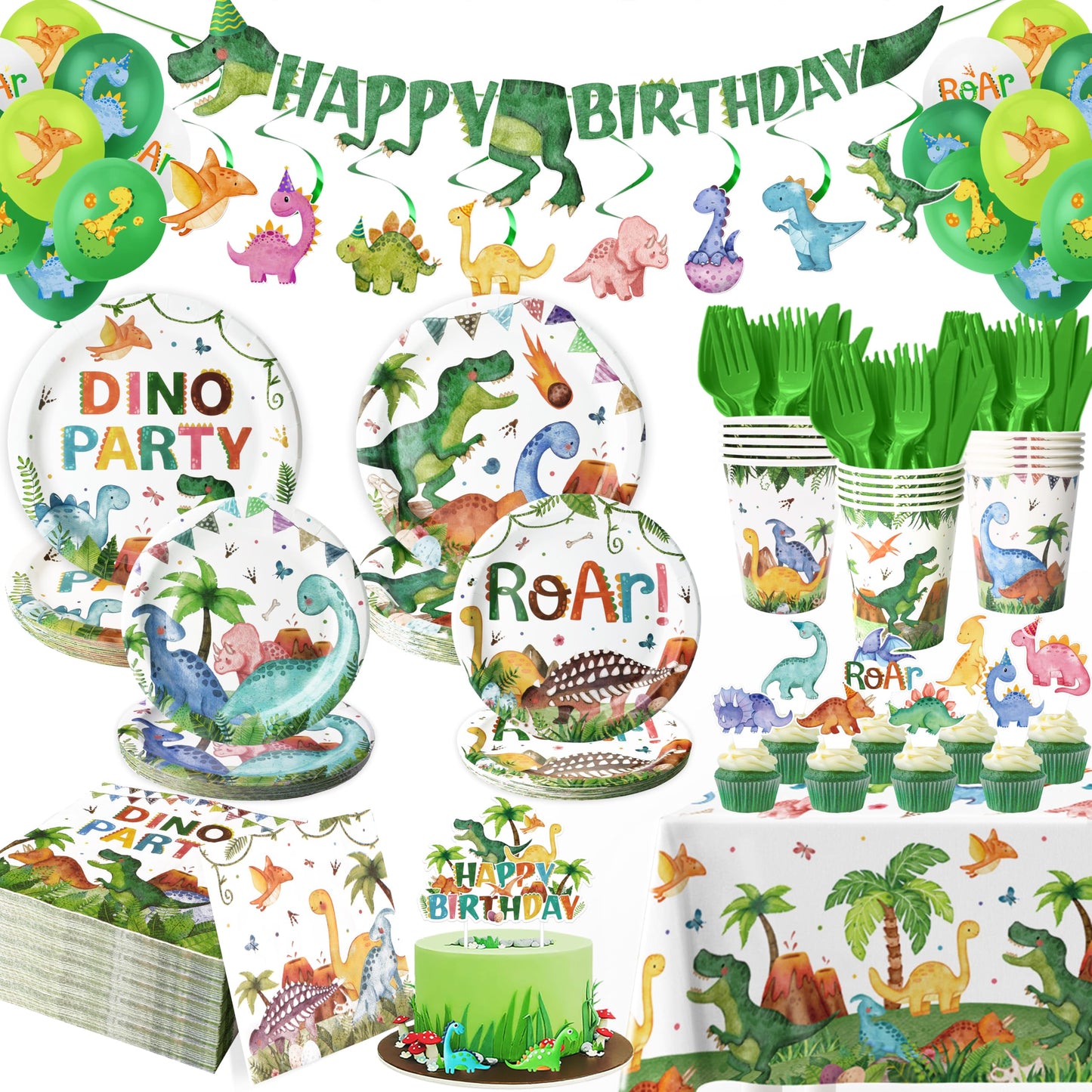 189 Pcs Dinosaur Birthday Party Supplies Set - Serves 24, Dino Decorations Kit with Banner