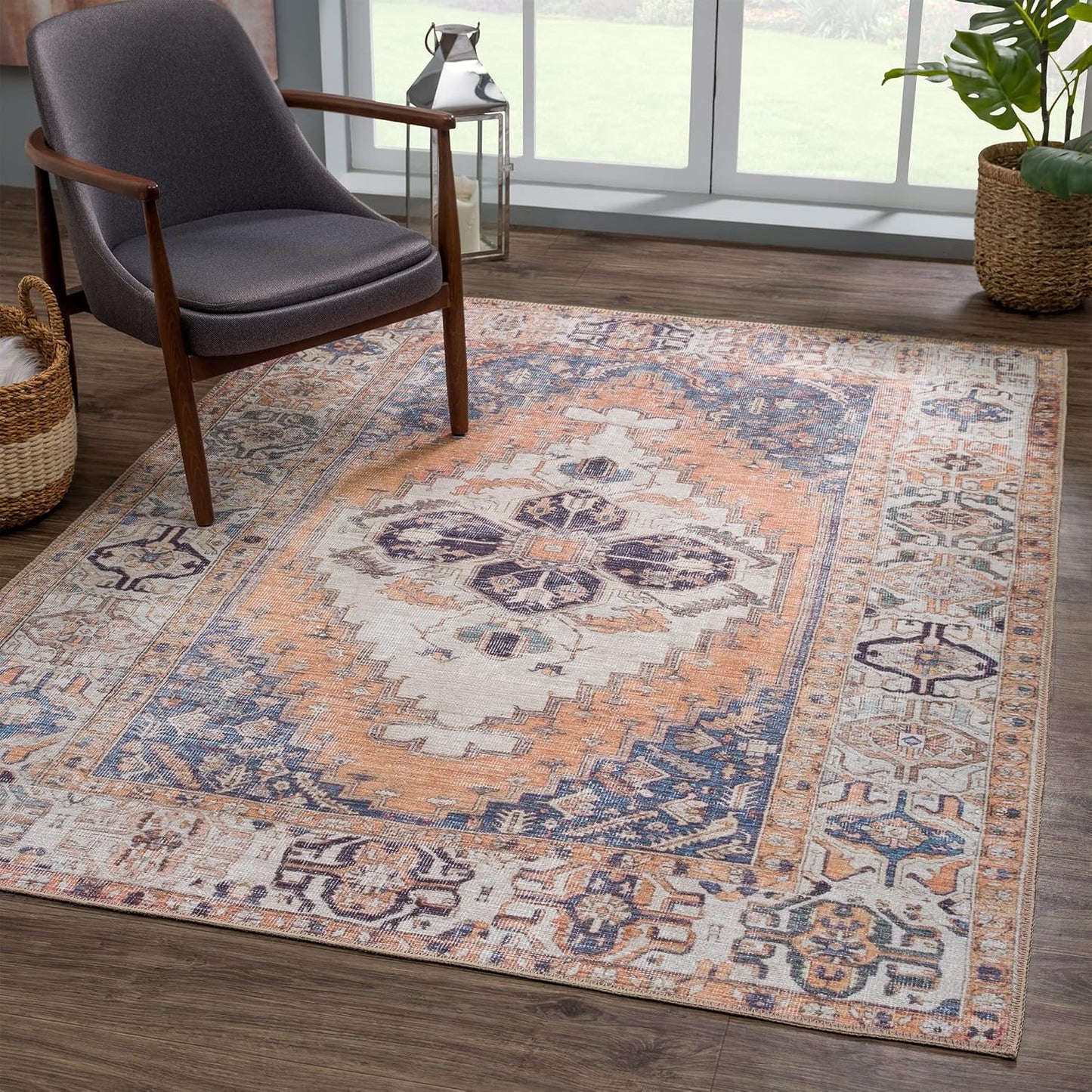 Bloom Rugs Washable 8' x 10' Rug - Orange/Blue/Beige Traditional Area Rug for Living Room, Bedroom, Dining Room, and Kitchen - Exact Size: 8' x 10'