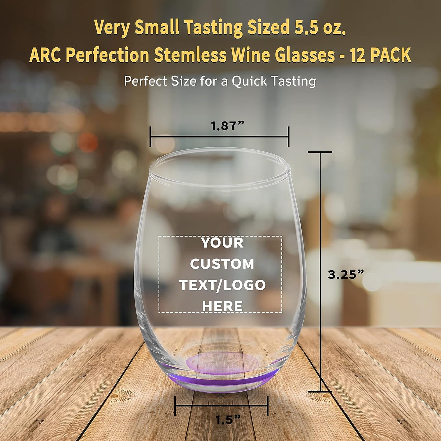 Custom Stemless Wine Glasses by ARC 5.5 oz. Set of 12, Personalized Bulk Pack - Perfect for Hotel, Bar, Restaurant or Lounge - Purple