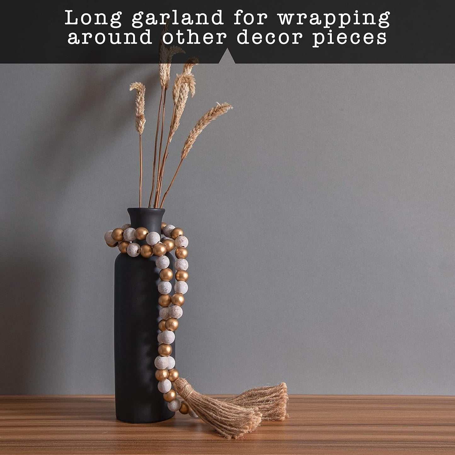 Wooden Bead Garland Decor, Farmhouse Boho Tassel Garland Wood Beads