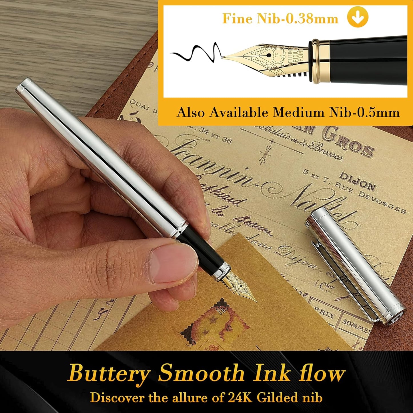 BEILUNER Silver Fountain Pen,Stunning Luxury Pens with Bright Silver Chrome, Gorgeous 24K Gilded Nib(Fine),Gift Pen Set for Men&Women -Ink Converter-Elegant, Professional, Nice Pen for Writing