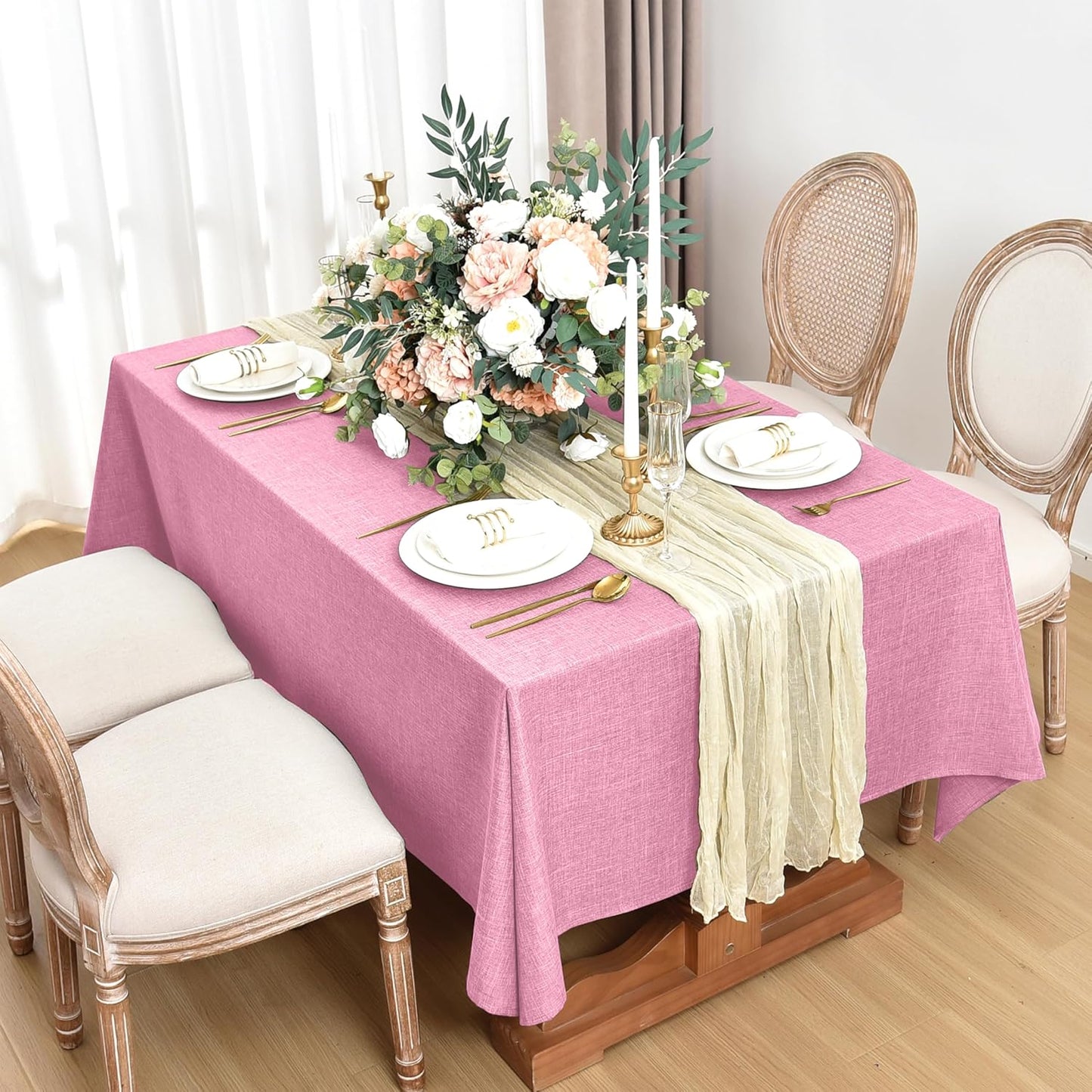 Fitable Faux Linen Tablecloths for Rectangle Tables: Water & Stain Resistant Farmhouse Table Cloth, Washable Burlap Textured Table Covers for Kitchen Dining Party(2 Pack, 52x70 Inch, Pink)