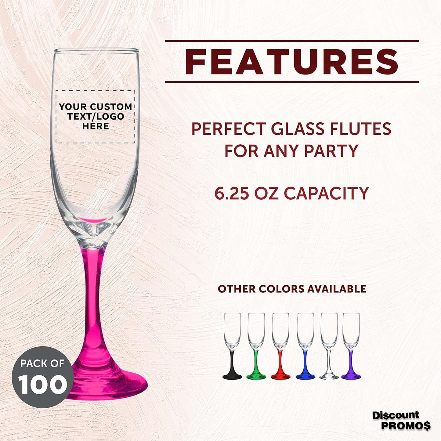 DISCOUNT PROMOS Custom Premiere Champagne Flutes 6.25 oz. Set of 100, Personalized Bulk Pack - Elegant Drinkware for Weddings, Events, & Promotional Gifts - Pink