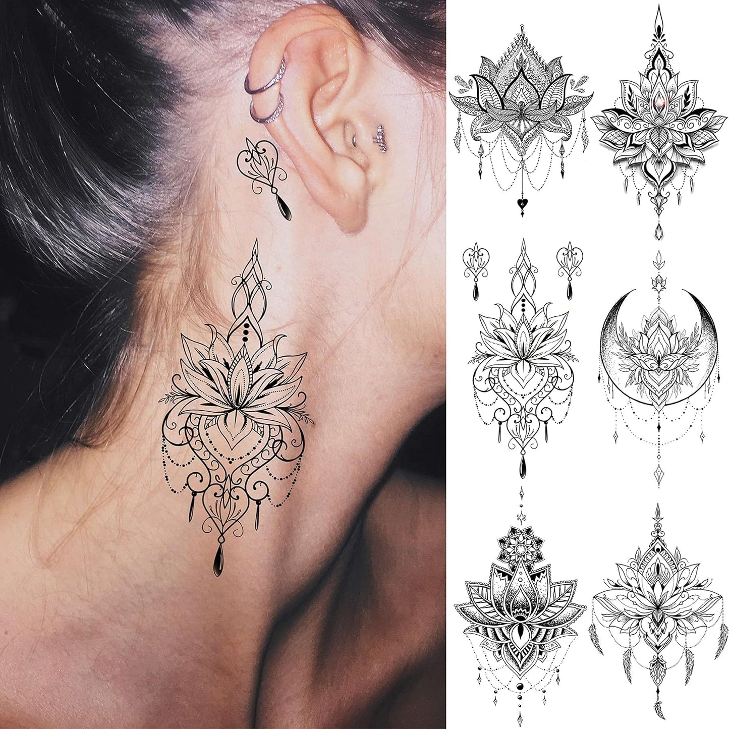 15 Sheets Sexy Black Lotus Temporary Tattoos For Women Wedding Brides, Tribal Fake Jewelry Pendant Lace Moon Moth Flowers Temp Tattoos Temporary Sticker For Girls Arm Neck Hands Tatoos Jewels