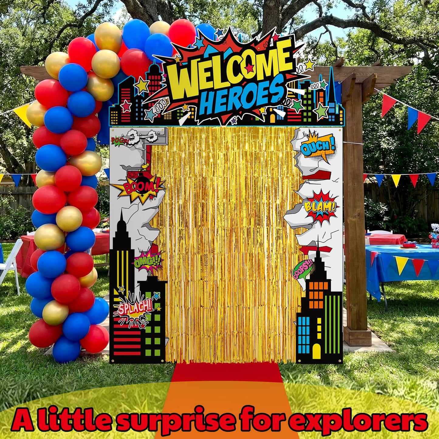 VitalCozy 7 Pcs Hero Party Backdrop Banner Gold Fringe Curtain Decor