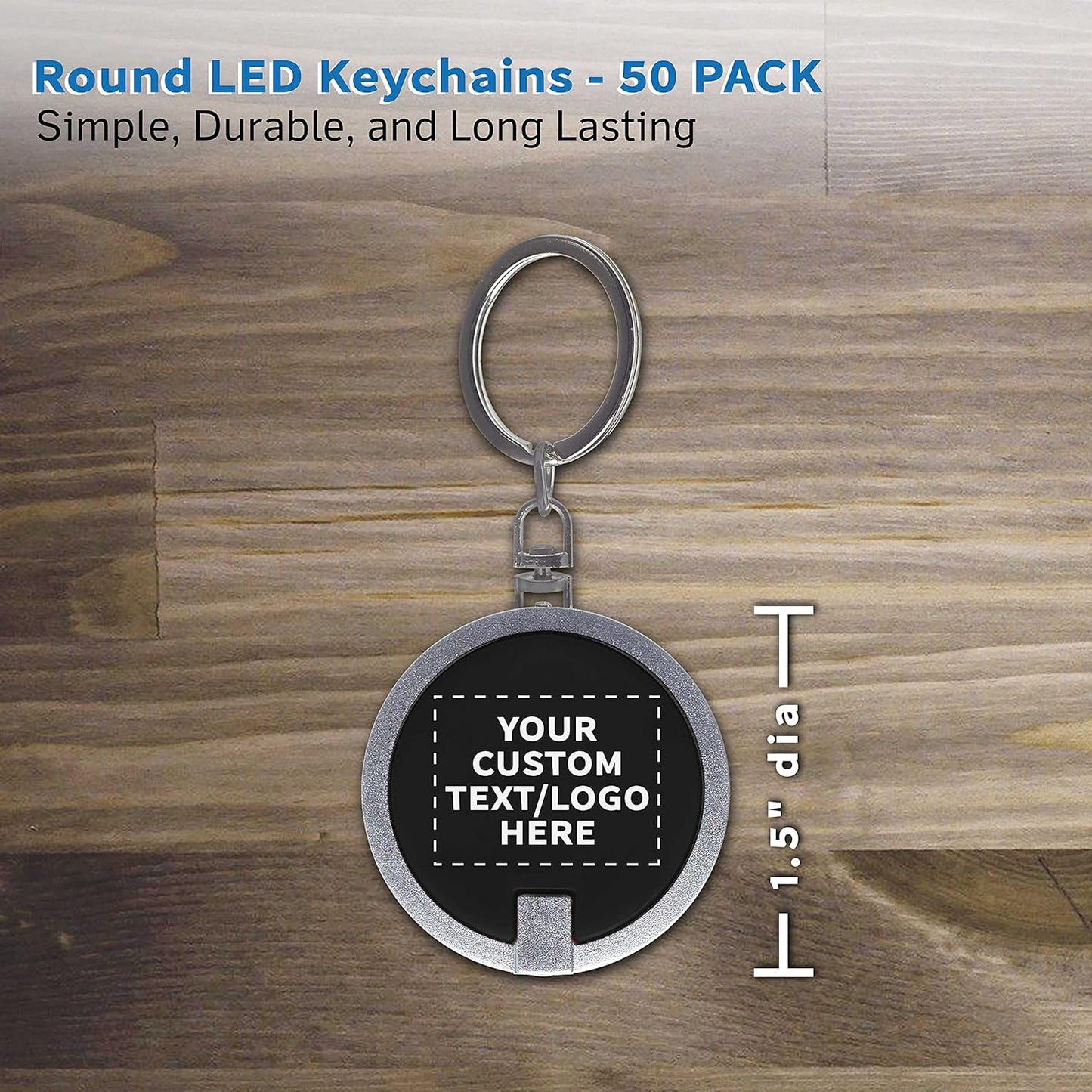 DISCOUNT PROMOS 50 Round LED Keychains - Customizable Text, Logo - Battery included, Plastic - Black