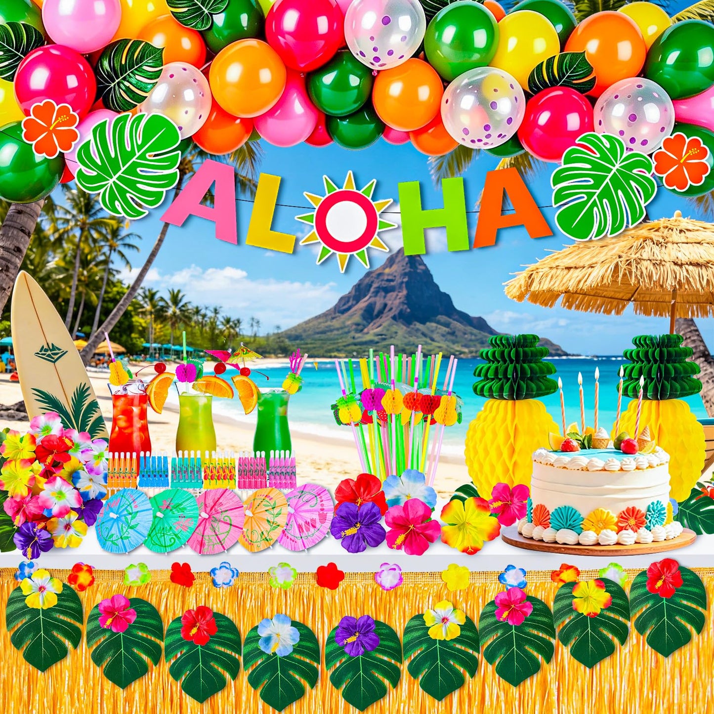 200 Pcs Aloha Luau Party Decorations Set, Hawaiian Tropical Summer Beach Party Supplies with