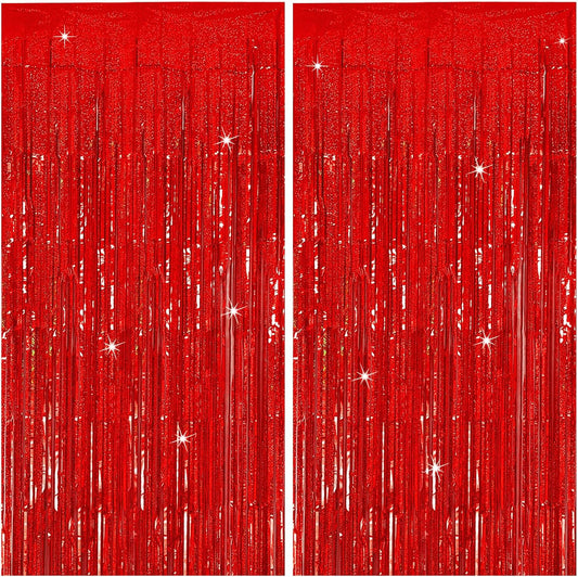 Tinsel Curtain Party Backdrop Red Birthday Decorations 2 Packs Glitter Foil Fringe Curtain Party Decor Streamers Photo Booth for Birthday Christmas Wedding Halloween Graduation Decorations
