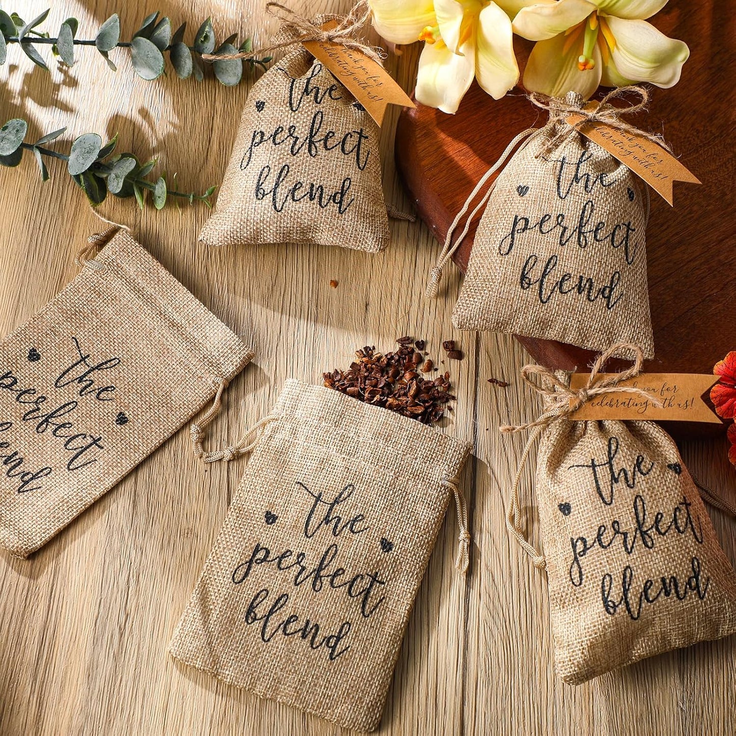 Fumete 25 Sets Wedding Coffee Party Favors for Guests the Perfect Blend Coffee Bean Bags Kraft Thank You Cards Organizer Reusable Burlap Bag and Twine Bridal Shower Souvenirs Gift, No Beans