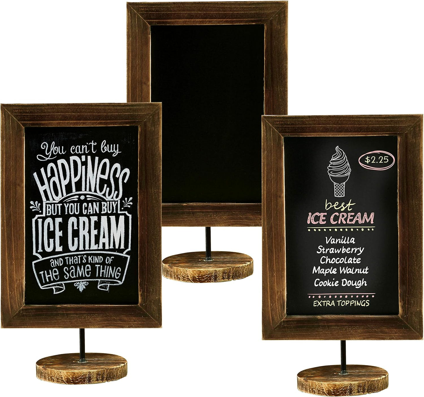 MyGift Set of 3 Tabletop Chalkboard Sign with Burnt Wood Frame and Round Base, Decorative Wedding Table Place Card Signage, Rustic Small Kitchen Countertop Memo Board