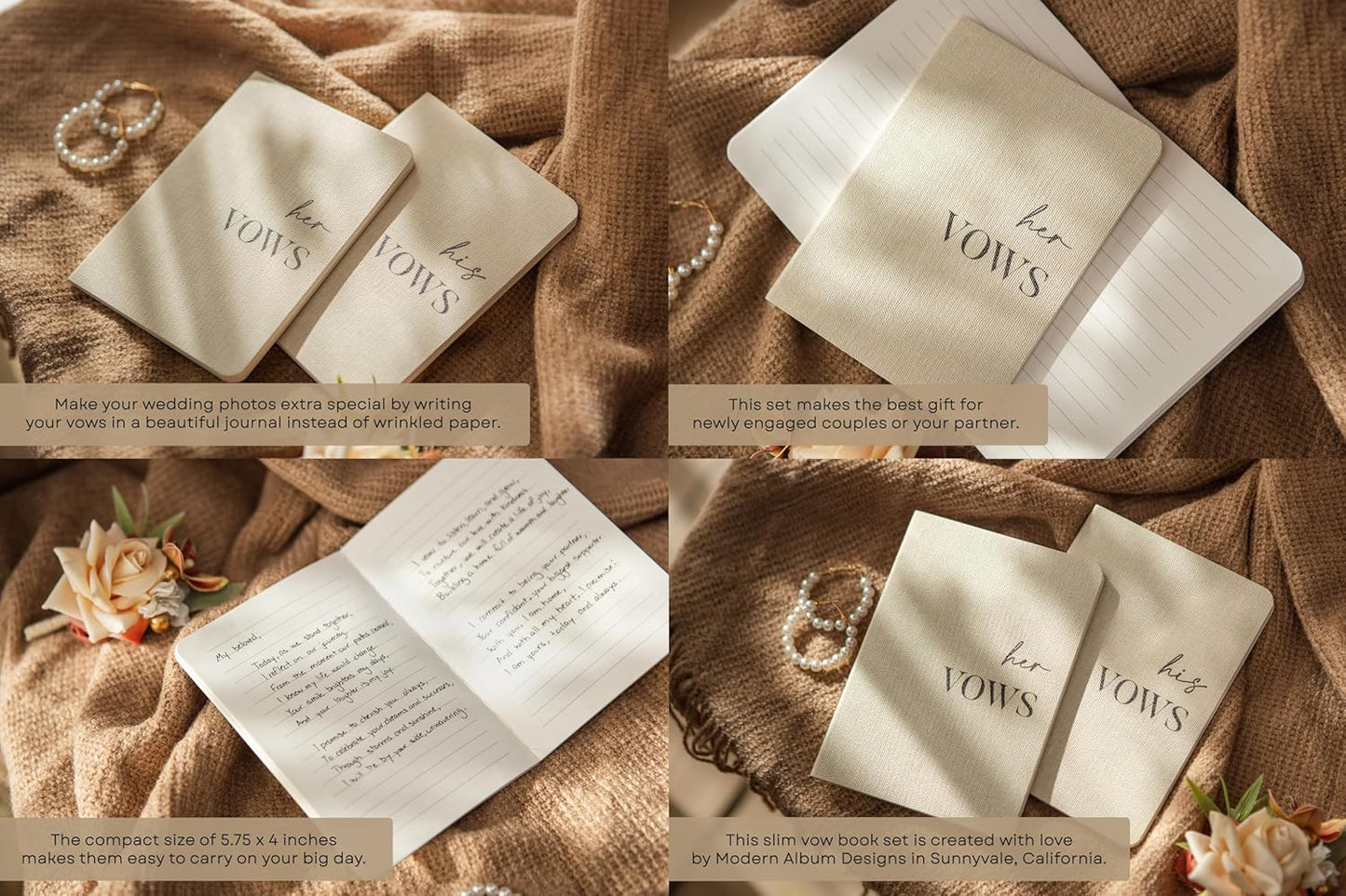 Slim Vow Books (Set of 2 - Design 1) - Soft Cream Canvas Linen Textured Cover Wedding Vow Booklets, Ceremony Speech Promise Notebook Journal, Gift for Newly Engaged Couple, 48 Lined Pages, 5.75" x 4"