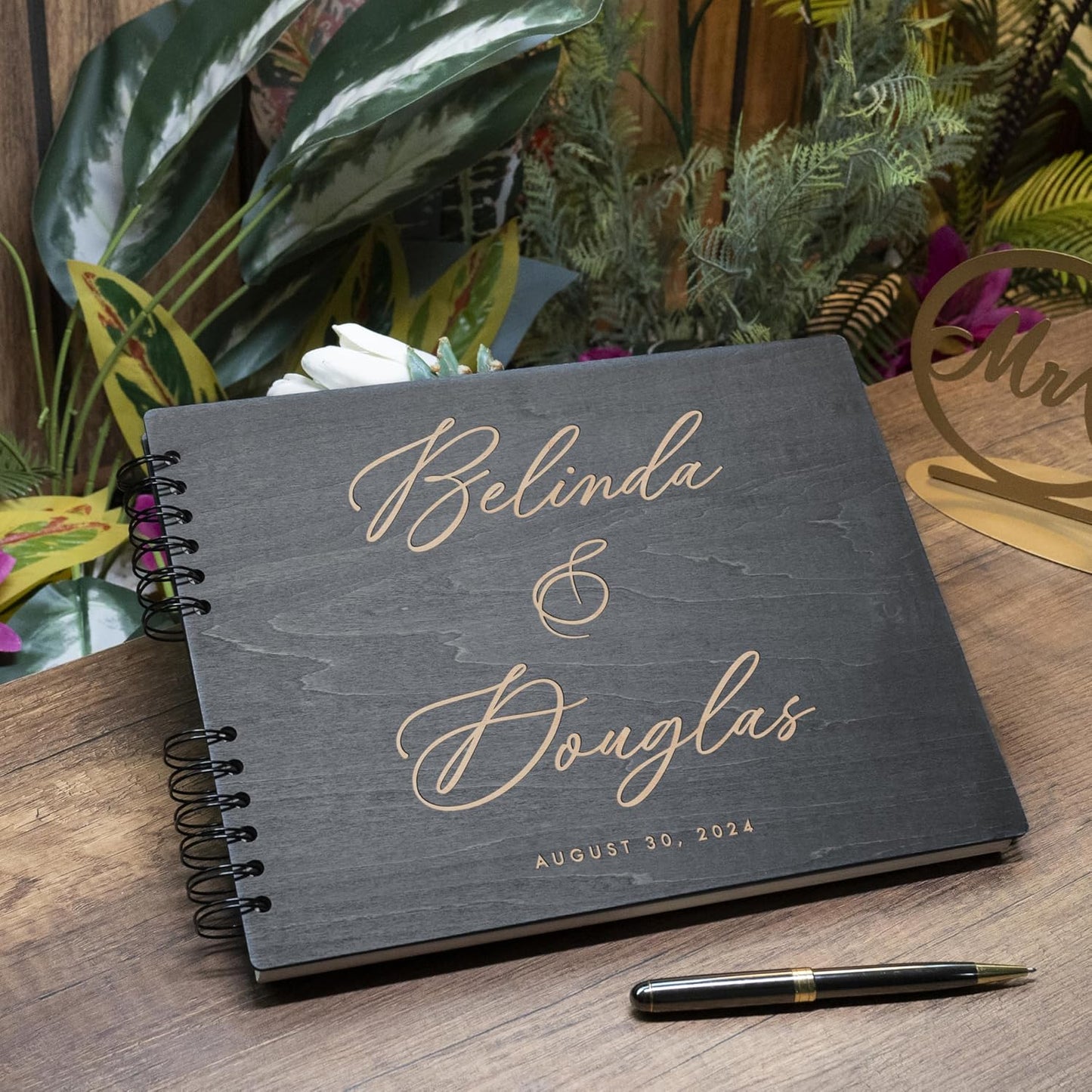 Personalized Wood Wedding Guest Book - 5 Colors/Finishings, 2 Sizes, 12 Designs - Wood Wedding Decorations, Guest Book Signs for Wedding Reception (DESIGN 10)