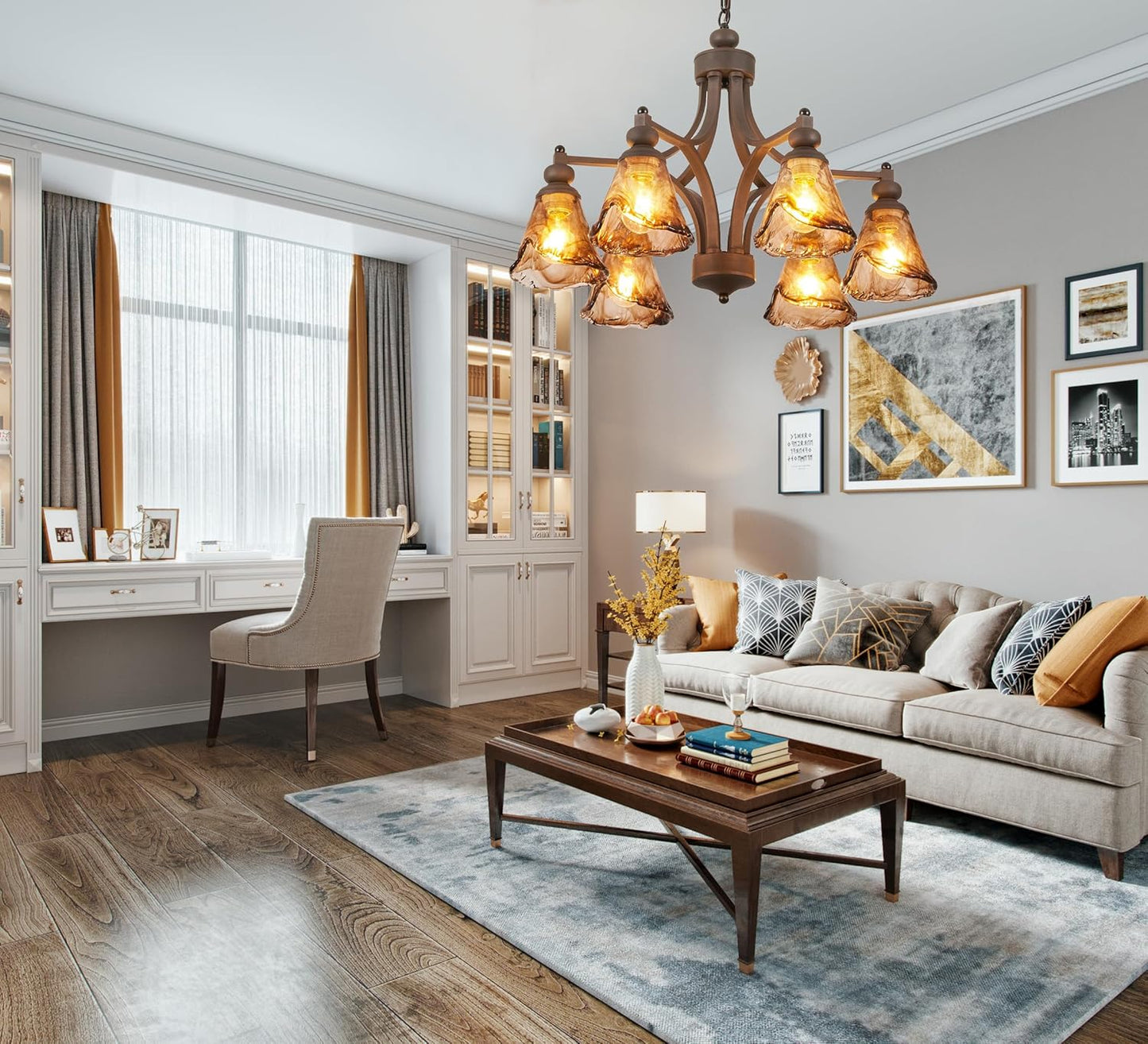 Vintage Farmhouse Chandelier, 27 Inch Adjustable Amber Glass Rust-Finish Metal Pendant Light Fixture for Living Room, Bedroom, Dining Room, Kitchen Lighting (6-Light)