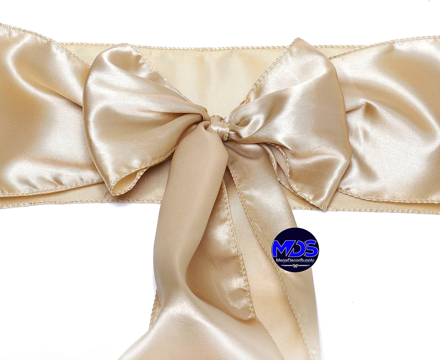 MDS Pack of 300 PCS Satin Chair Sashes Charmeuse Sateen Dining Chair Bows Ribbon Ties Back Sash for Wedding Party Birthday Home Hotel Restaurant Banquet Decoration (7 x 108 Inch, Champagne Gold)