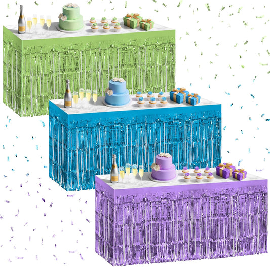 3 Pack Blue Green Purple Table Skirts, 29x108" Metallic Foil Tinsel Fringe Table Skirt for Rectangle Tables Streamer Curtains Backdrop, Party Decorations for Birthdays, Weddings, Holidays