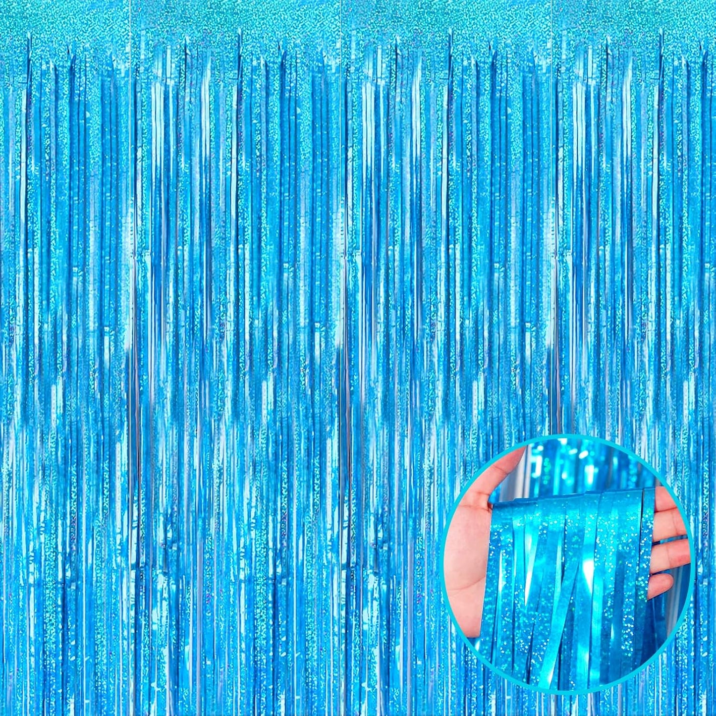 4 Pack Light Blue Tinsel Foil Fringe Curtain Backdrop, 3.28Ft x 8.2Ft Metallic Streamers for Photo Booth Props Wedding Bridal Shower Bachelorette Birthday Halloween Christmas Party Decoration