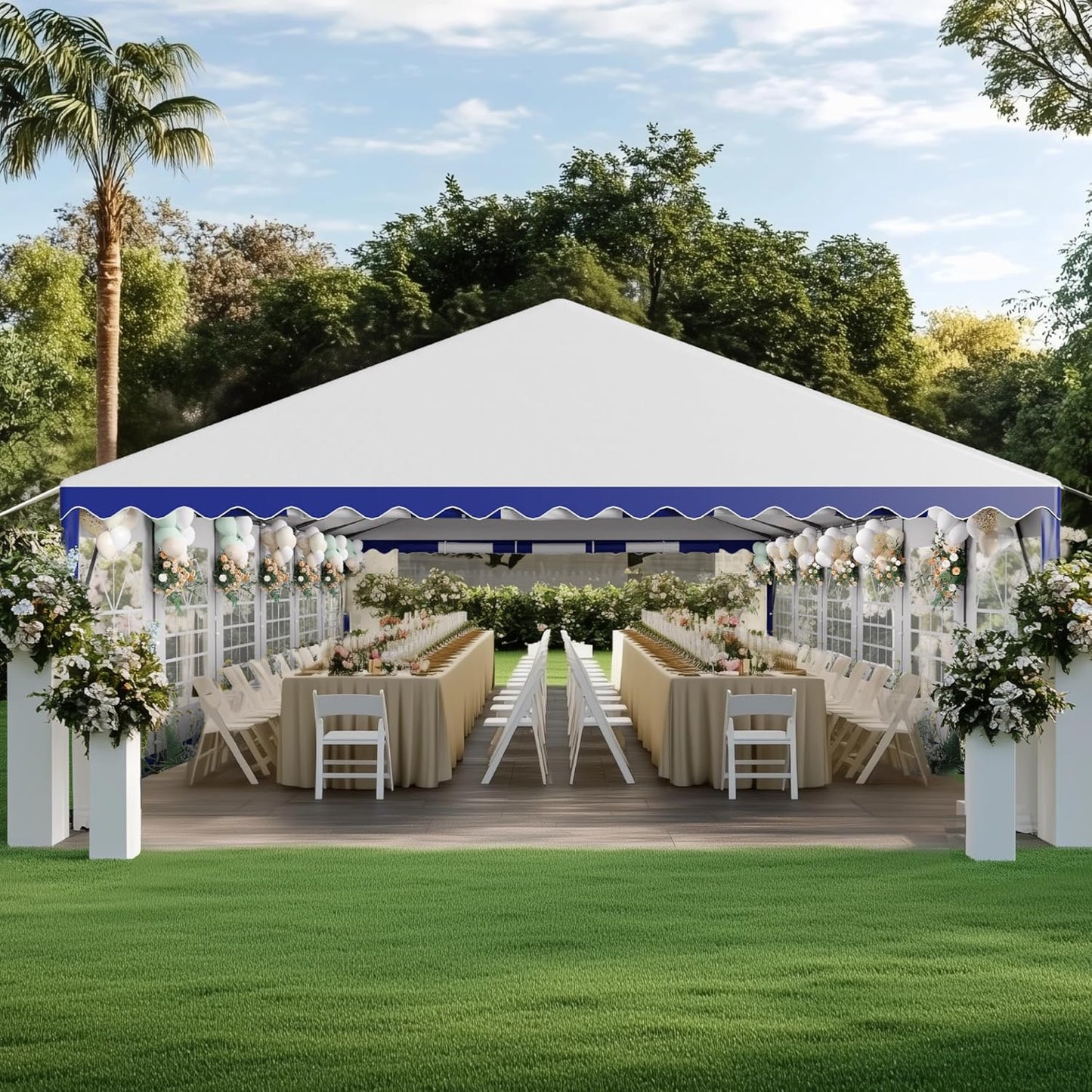 PHI VILLA 40 ft. x 20 ft. Large Outdoor Canopy Wedding Party Tent with Removable Side Walls & 7 Storage Bags, White with Blue Stripes