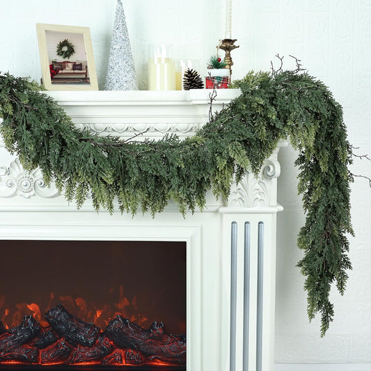 Realistic Christmas Garland for Mantle 9FT Real Touch Thick/Lush Artificial Cedar Garlands Christmas Decorations Indoor Christmas Garland for Stairs Railing Outdoor Table Xmas Holiday Decor Greenery