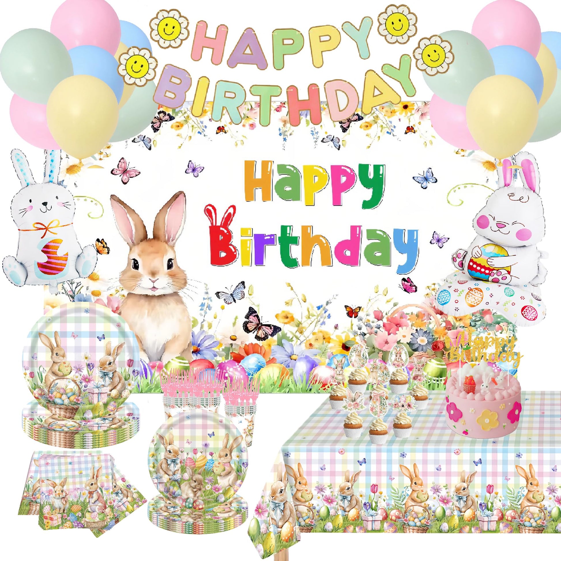 Easter Rabbits Themed Happy Birthday Party Decorations, Plates Napkins Cups Tableware, Bunny Egg