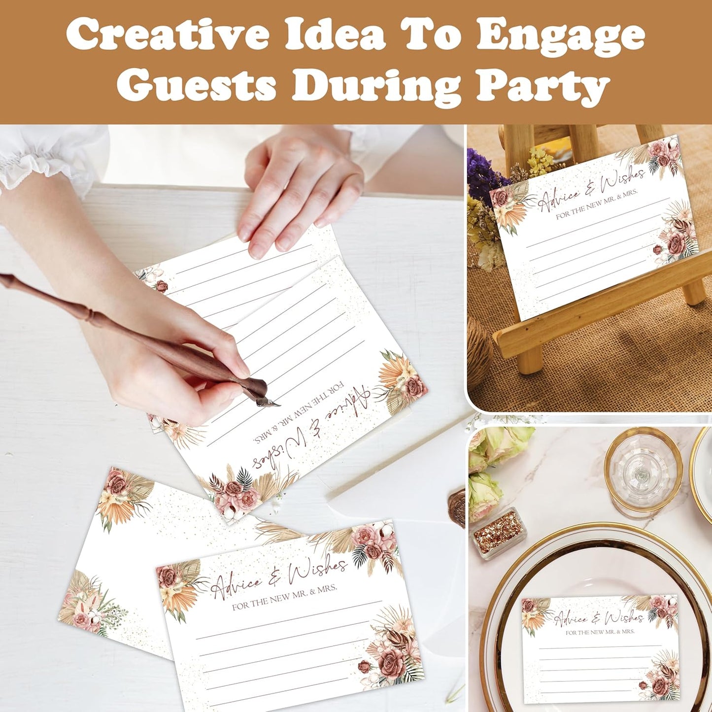 Advice And Wishes Cards (25pcs), Boho Theme Advice Cards For Mr And Mrs, Bride And Groom, Bridal Shower, Wedding Shower, Engagement, Wedding, Bachelorette Party Games Decor -A01