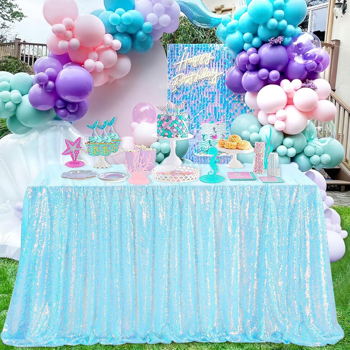 QueenDream Sequin Iridescent Tablecloth 60x102 Inches Blue Sequin Table Overlay Mermaid Parties Cocktail Decor