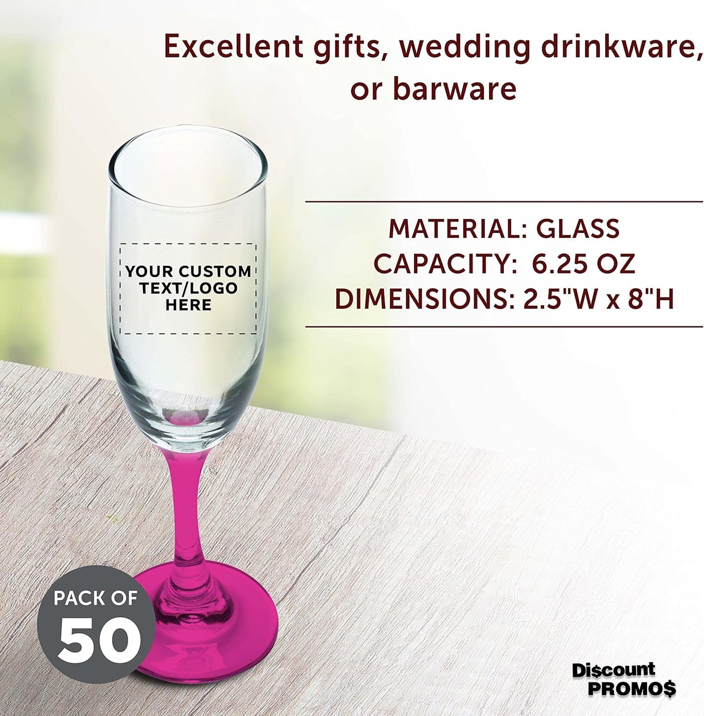 DISCOUNT PROMOS Custom Premiere Champagne Flutes 6.25 oz. Set of 50, Personalized Bulk Pack - Elegant Drinkware for Weddings, Events, & Promotional Gifts - Pink