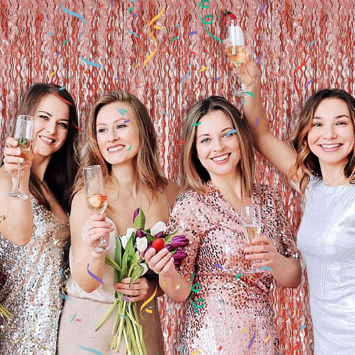 Rose Gold Tinsel Foil Fringe Curtains Wavy Backdrop for Parties Sparkle Metallic Wavy Foil Fringe Backdrop Curtain Photo Booth Props Birthday Graduation Wedding Bachelorette Party Decorations