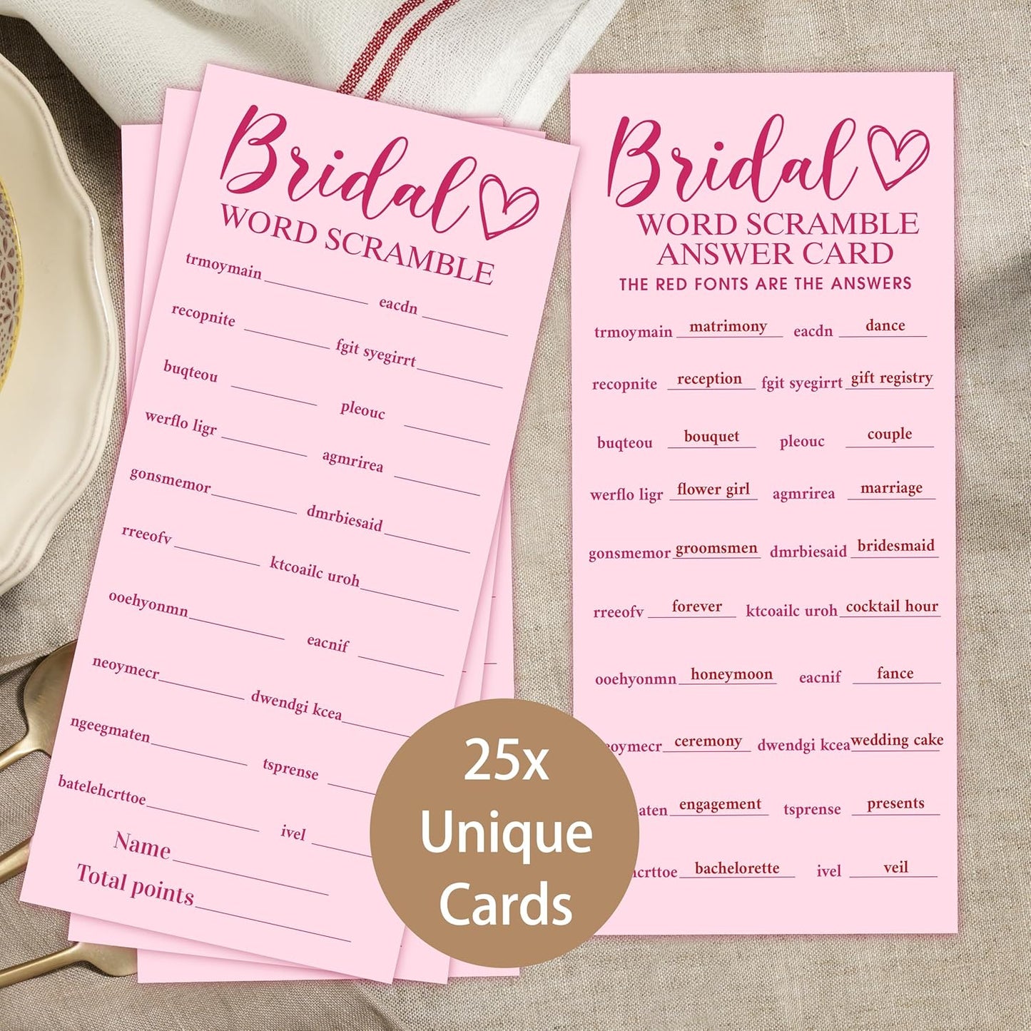 Pink Wedding Shower Games Cards, Bridal Word Scramble, 25 Game Cards with 1 Answer Card, 4x9, Bride Wedding Receptio Supplies, Engagement Party Supplies-A06