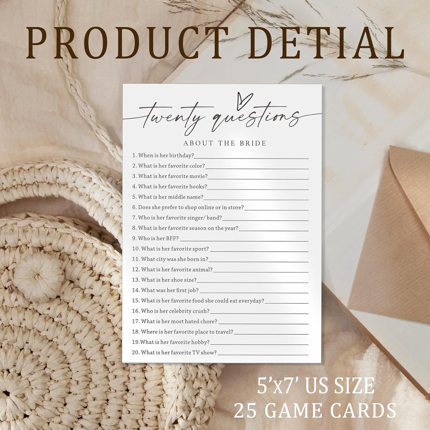 Fun Wedding Shower Games Cards, Twenty Questions About The Bride, Bridal Party Game and Favors for 25 Guests, Bridal Shower Decorations, Minimalist White Wedding Party Supplies - A07