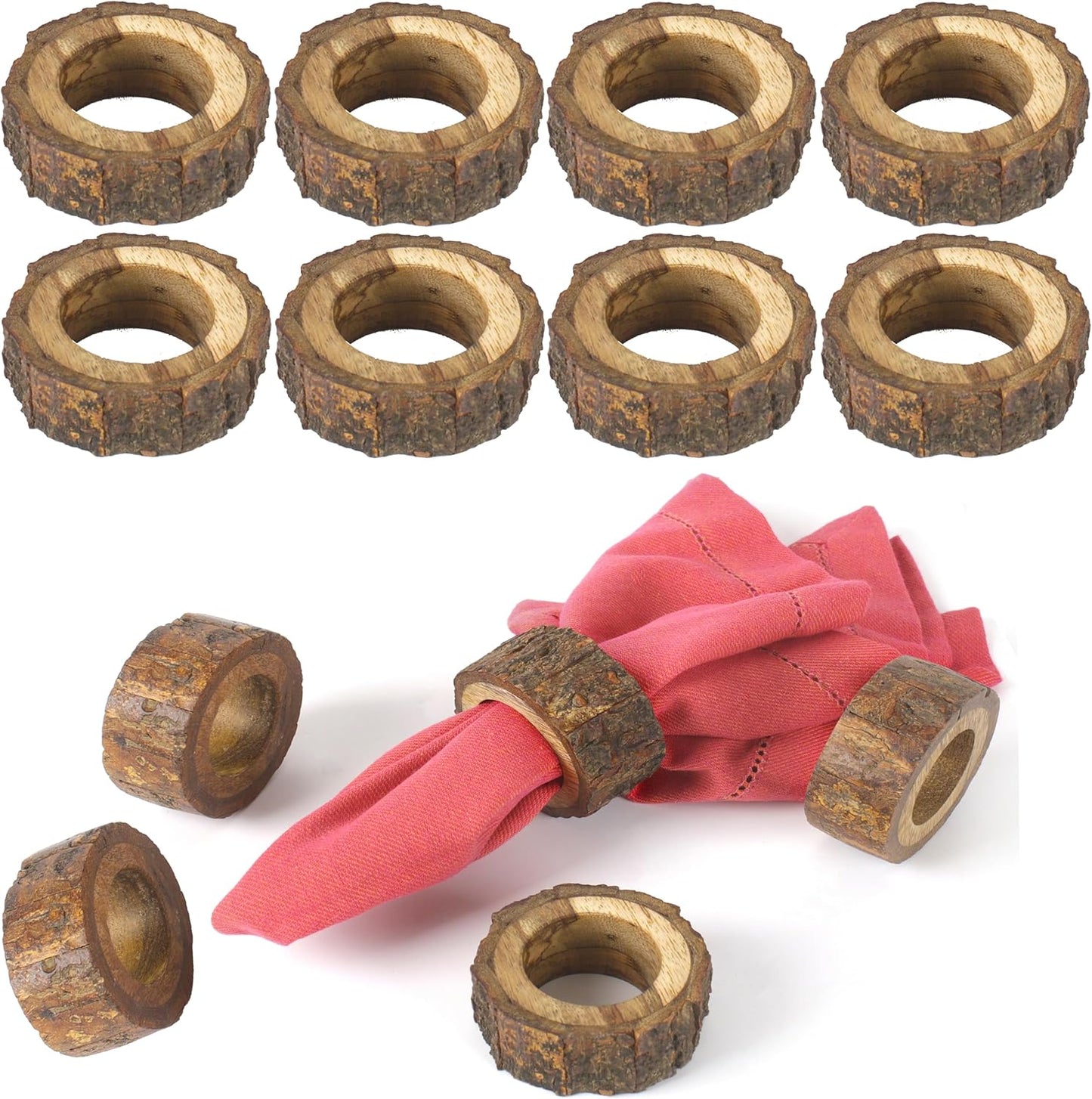 Farmhouse Rustic Wood Napkin Rings Set of 12 - Wooden Napkin Rings for Dinner Table Decoration, Wedding Dinner Party Banquet and Catering Party Services Table Decorations (Brown) - CLEENTABLE