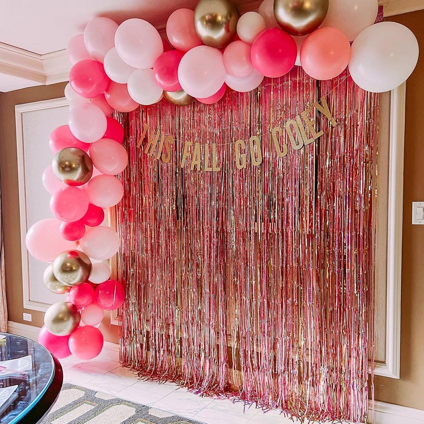 CANREVEL 2 Pack 3.3x8.2 Feet Rose Gold Foil Fringe Backdrop Curtains, Glitter Tinsel Streamers Birthday Party Decorations, Fringe Backdrop for Bachelorette Bride to Be Birthday Girls Streamers Party