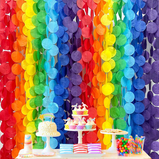 205Ft Rainbow Party Decorations Big Polka Dots Tissue Paper Backdrop Streamer Colorful Circle Dots Hanging Curtain Garland for Birthday Fiesta Carnival Baby Shower Wedding Engagement Party Supplies