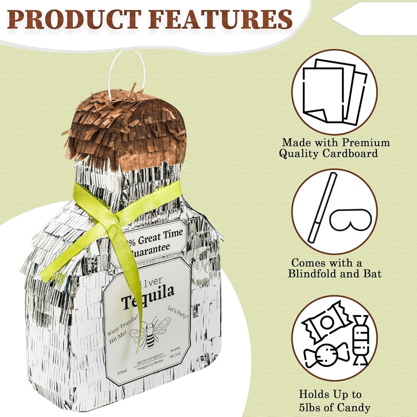 Tequila Bottle Pinata, Silver, Perfect for Birthday Parties, 10.5 x 10.5 x 4 Inches, 5 Pound Capacity, Adult-Party Pinata