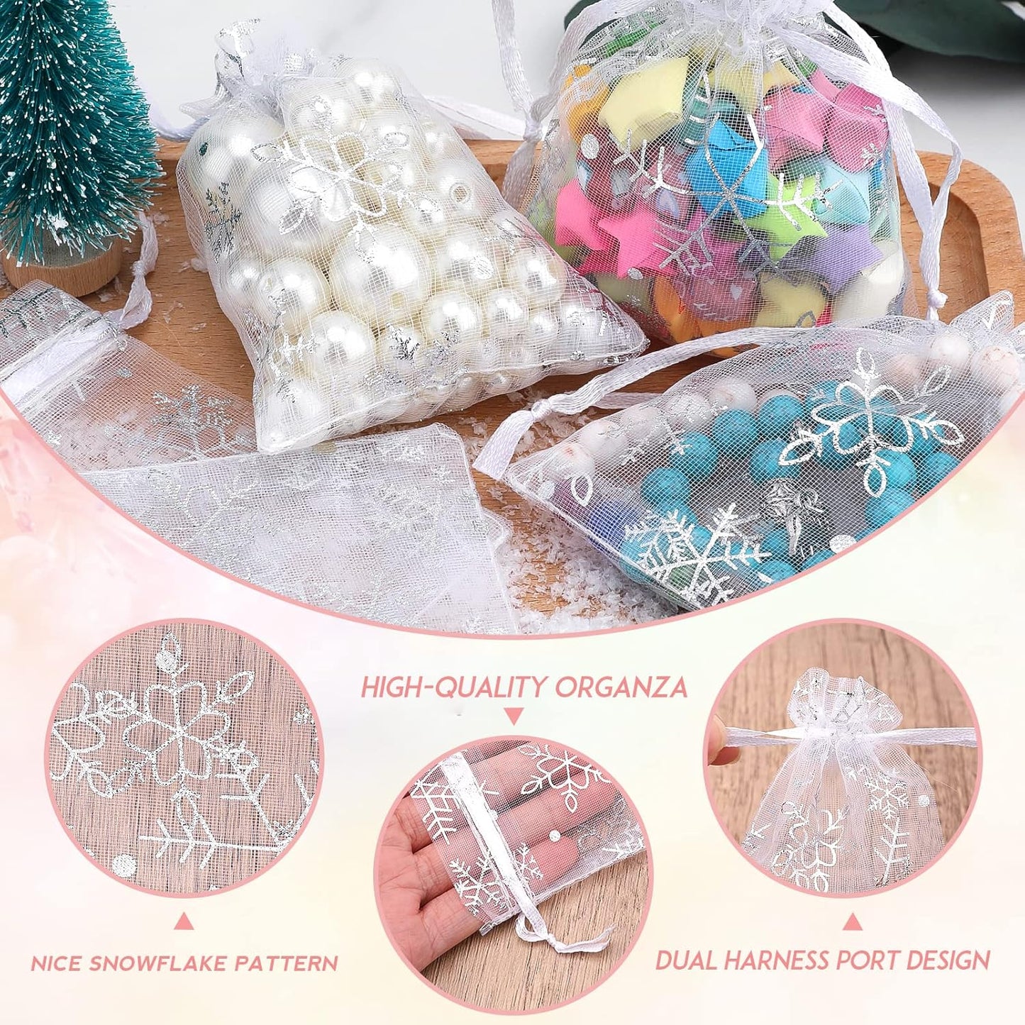 jijAcraft 3x4 Inch Christmas Organza Bags - 50Pcs White Snowflake Gift Bags with Drawstring, Xmas Party Favor Sheer Mesh Pouches for Winter Gift, Candy, Jewelry Bag