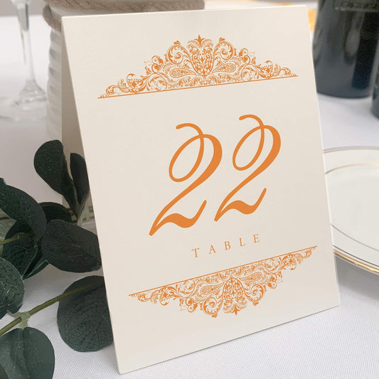 Paisley Wedding Table Numbers (Select Color/Quantity), Champagne, Orange, 1-45, Double Sided, Tent or Use in a Stand, Great for Parties & Restaurants - Made in the USA